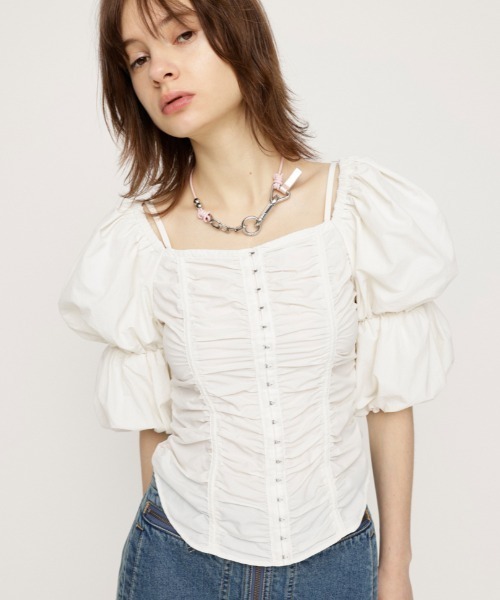 美品 PLST ストライプ ティアードスリーブシャツ ベージュ M*CD452 セール】【2WAY】TIERED SLEEVE CORSET TOPS ティアード
