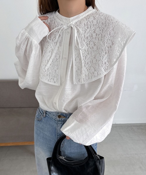 andme(アンドミー)の「2wayシャツブラウス【レース付け襟セット】(シャツ/ブラウス・レディース・ミント/オフホワイト/ブラック/ブラウン系その他・M)」の6枚目の写真