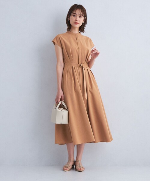 green label relaxing（グリーンレーベルリラクシング）の「［size SHORTあり］ベルト フレア ワンピース -マシンウォッシャブル・ストレッチ-（ワンピース・レディース・ベージュ/ネイビー/オレンジ・FREE/SHORT）」の4枚目の写真
