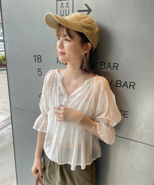 mline（エムライン）の「[mline]半袖シアーギャザーブラウス（シャツ/ブラウス・レディース・ブラック/ブルー/オフホワイト/ピンク/ブルー系その他/ベージュ系その他・FREE）」の8枚目の写真