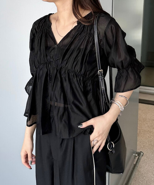 mline（エムライン）の「[mline]半袖シアーギャザーブラウス（シャツ/ブラウス・レディース・ブラック/ブルー/オフホワイト/ピンク/ブルー系その他/ベージュ系その他・FREE）」の10枚目の写真