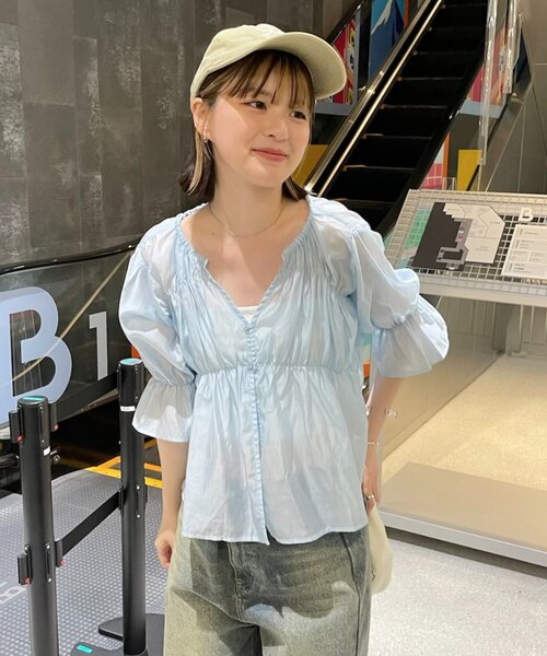 mline（エムライン）の「[mline]半袖シアーギャザーブラウス（シャツ/ブラウス・レディース・ブラック/ブルー/オフホワイト/ピンク/ブルー系その他/ベージュ系その他・FREE）」の16枚目の写真