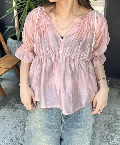 mline（エムライン）の「[mline]半袖シアーギャザーブラウス（シャツ/ブラウス・レディース・ブラック/ブルー/オフホワイト/ピンク/ブルー系その他/ベージュ系その他・FREE）」の18枚目の写真