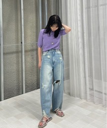 Ameri（アメリ）の「HEM FRINGE EGG DENIM PANTS（デニムパンツ