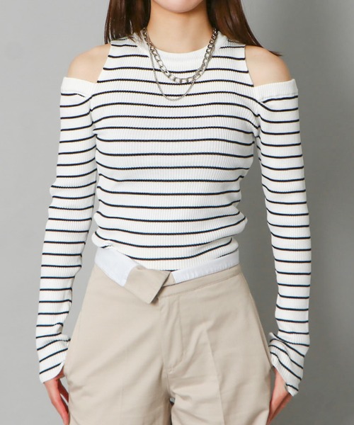GORGE(ゴージ)の「《肩あき×細ボーダー》レディース リブ ニット 長袖 プルオーバー セクシー 春秋冬(Tシャツ/カットソー・レディース・ホワイト系その他/ブラック系その他2/ベージュ系その他・F)」の1枚目の写真