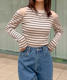 《肩あき×細ボーダー》レディース リブ ニット 長袖 プルオーバー セクシー 春秋冬