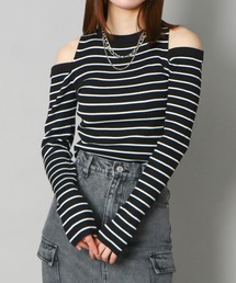 《肩あき×細ボーダー》レディース リブ ニット 長袖 プルオーバー セクシー 春秋冬