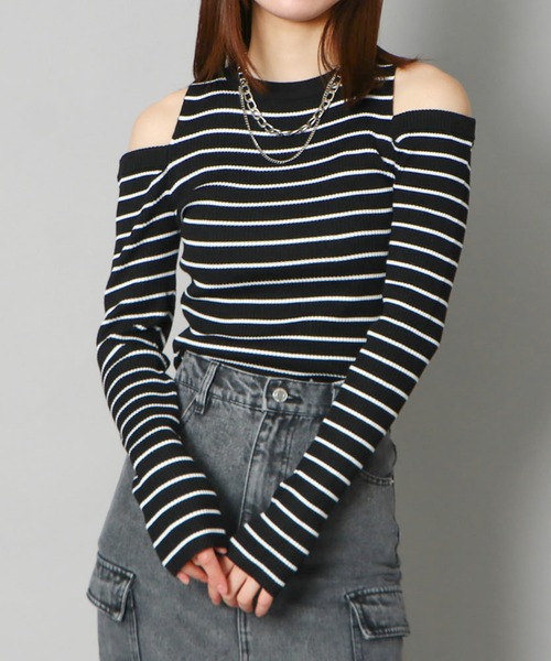 GORGE(ゴージ)の「《肩あき×細ボーダー》レディース リブ ニット 長袖 プルオーバー セクシー 春秋冬(Tシャツ/カットソー・レディース・ホワイト系その他/ブラック系その他2/ベージュ系その他・F)」の2枚目の写真