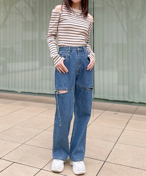GORGE(ゴージ)の「《肩あき×細ボーダー》レディース リブ ニット 長袖 プルオーバー セクシー 春秋冬(Tシャツ/カットソー・レディース・ホワイト系その他/ブラック系その他2/ベージュ系その他・F)」の11枚目の写真