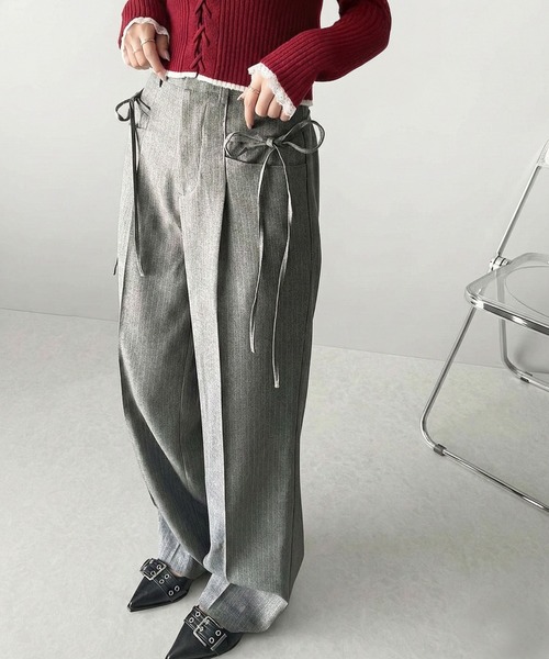 mily bilet(ミウィビレット)の「【mily bilet】迷ったらこれ!!キレイもカワイイも叶える欲張りボトム♪リボン使いワイドスラックスパンツ(スラックス・レディース・グレー系その他/ブラック/チャコールグレー・MEDIUM/LARGE/X-LARGE/SMALL)」の3枚目の写真