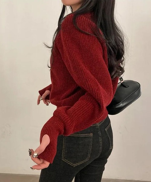 Girly Doll(ガーリードール)の「指抜きクルーネックニット(ニット/セーター・レディース・ボルドー/ベージュ/グレー/ネイビー/ブラック・F)」の5枚目の写真