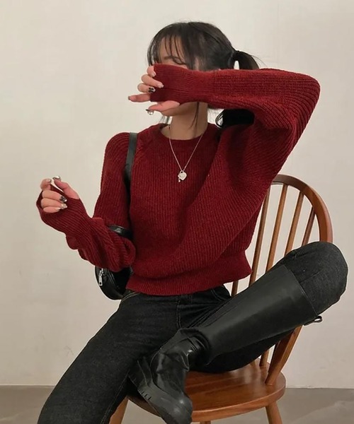 Girly Doll(ガーリードール)の「指抜きクルーネックニット(ニット/セーター・レディース・ボルドー/ベージュ/グレー/ネイビー/ブラック・F)」の19枚目の写真