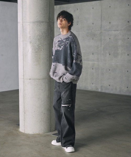 CTHY（シティ）の「ルーズシルエットモヘアライクジャガードモックネックニット（ニット/セーター・メンズ・グレー/オフホワイト/チャコール・L/M/S/XL）」の22枚目の写真