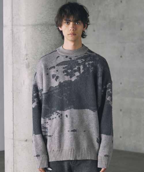CTHY（シティ）の「ルーズシルエットモヘアライクジャガードモックネックニット（ニット/セーター・メンズ・グレー/オフホワイト/チャコール・L/M/S/XL）」の9枚目の写真