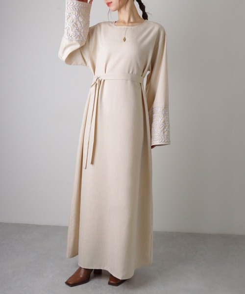 Ralph Lauren カットソーロングフレアワンピース　ロゴ刺繍　マキシ丈 sleeve embroidery waist mark long dress /袖刺繍 ウエスト