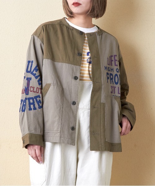 CUBE SUGAR（キューブシュガー）の「ツイル切替プリントノーカラージャケット（ノーカラージャケット・レディース・マルチ/カーキ/ブラック/ナチュラル・M）」の3枚目の写真