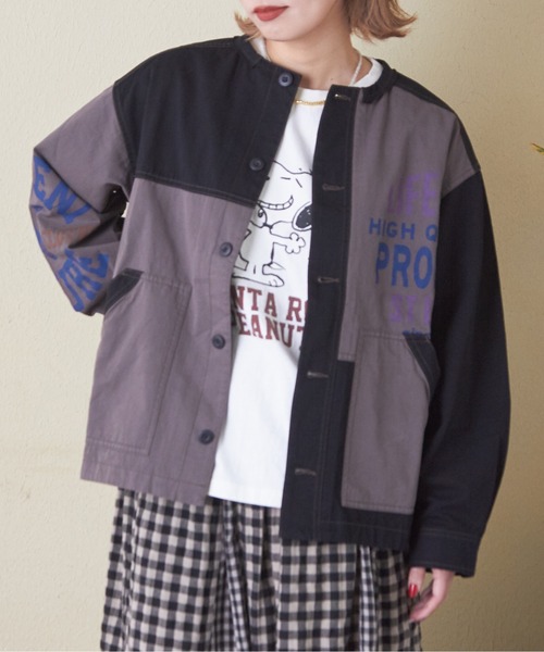 CUBE SUGAR（キューブシュガー）の「ツイル切替プリントノーカラージャケット（ノーカラージャケット・レディース・マルチ/カーキ/ブラック/ナチュラル・M）」の2枚目の写真
