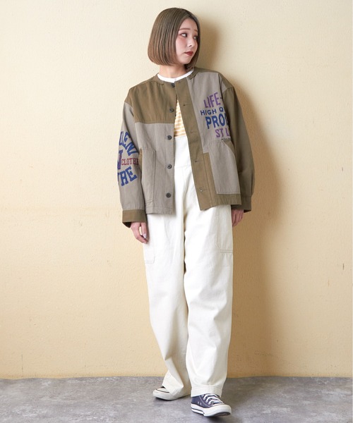 CUBE SUGAR（キューブシュガー）の「ツイル切替プリントノーカラージャケット（ノーカラージャケット・レディース・マルチ/カーキ/ブラック/ナチュラル・M）」の12枚目の写真