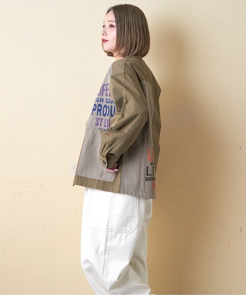 CUBE SUGAR（キューブシュガー）の「ツイル切替プリントノーカラージャケット（ノーカラージャケット・レディース・マルチ/カーキ/ブラック/ナチュラル・M）」の13枚目の写真