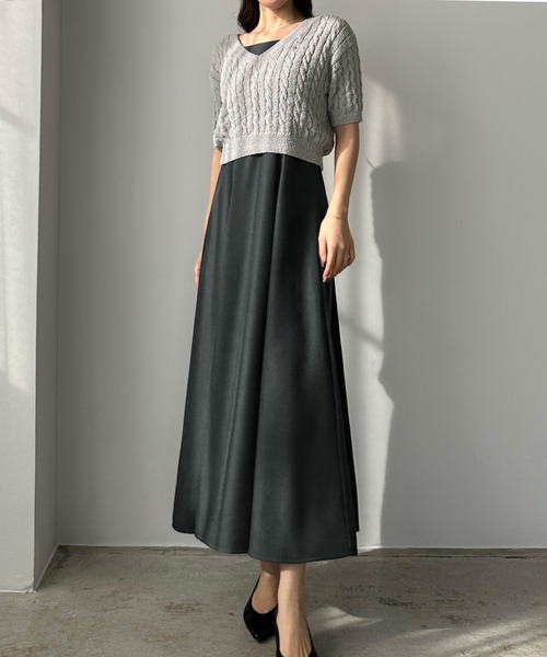 ルエレ Louere Louere ショートニットトップス＋フレアキャミワンピース （チャコール） ルエレ Louere Louere ショートニットトップス＋フレアキャミ