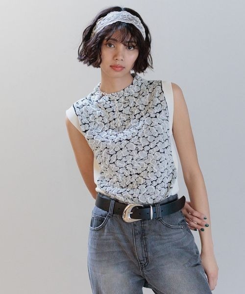 PAGEBOY（ページボーイ）の「フクレジャガードニットノースリーブ（Tシャツ/カットソー・レディース・ブラック/ホワイト系その他/グリーン系その他・FREE）」の2枚目の写真