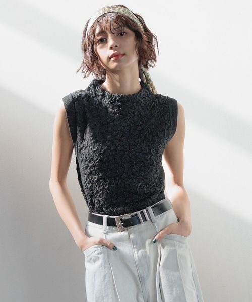 PAGEBOY（ページボーイ）の「フクレジャガードニットノースリーブ（Tシャツ/カットソー・レディース・ブラック/ホワイト系その他/グリーン系その他・FREE）」の3枚目の写真