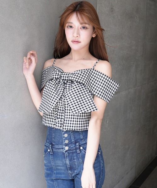 LIPSERVICE ツイードリボンオフショルトップス　ブルー リップサービス LIP SERVICE ツイードリボンオフショルトップス