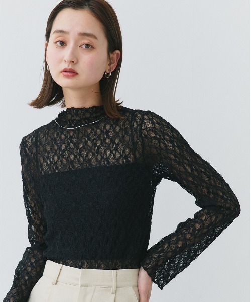 ad thie(アドティエ)の「ハイネック レースカットソー(Tシャツ/カットソー・レディース・ブラック/オフホワイト・FREE)」の1枚目の写真