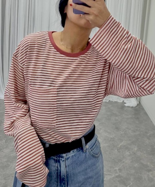 hyu,il(ヒュイル)の「シアーボーダープルオーバー(Tシャツ/カットソー・レディース・ブラック/グリーン/ピンク・FREE)」の1枚目の写真