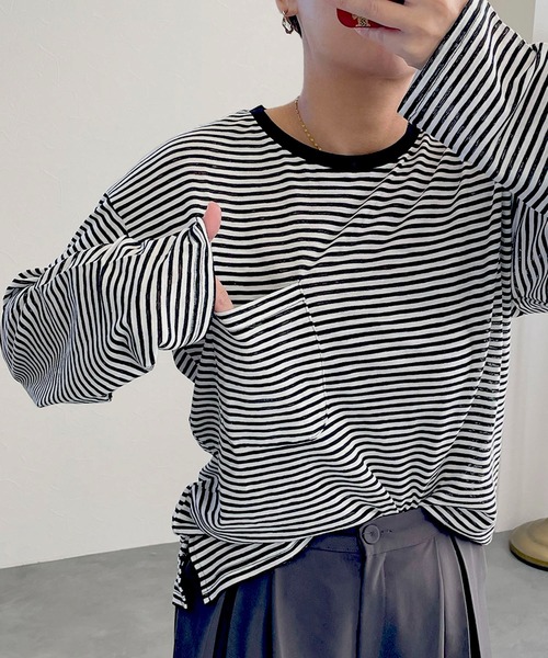 hyu,il(ヒュイル)の「シアーボーダープルオーバー(Tシャツ/カットソー・レディース・ブラック/グリーン/ピンク・FREE)」の7枚目の写真
