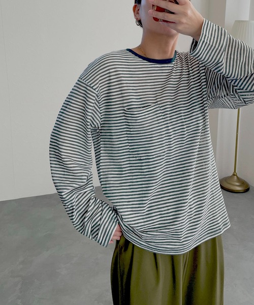 hyu,il(ヒュイル)の「シアーボーダープルオーバー(Tシャツ/カットソー・レディース・ブラック/グリーン/ピンク・FREE)」の13枚目の写真