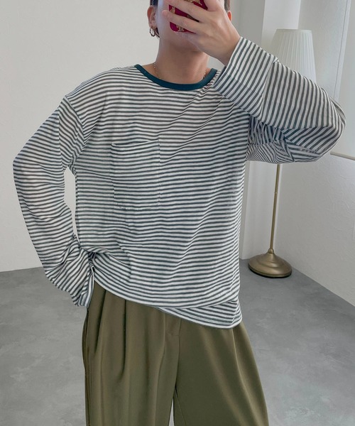 hyu,il(ヒュイル)の「シアーボーダープルオーバー(Tシャツ/カットソー・レディース・ブラック/グリーン/ピンク・FREE)」の12枚目の写真