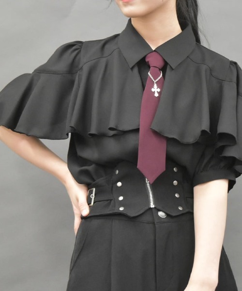 axes femme POETIQUE（アクシーズファムポエティック）の「タイ付ラッフルフリル半袖ブラウス（シャツ/ブラウス・レディース・ホワイト/グレー/ブラック・MEDIUM）」の10枚目の写真