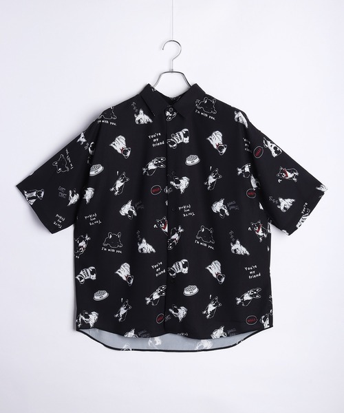 柄シャツ　総柄　長袖シャツ　肌触り良好　テロテロ　サラサラ　L モノクロ　白　黒 KARAKU×石黒亜矢子「しっぽを噛む白虎」総柄プリントテンセル