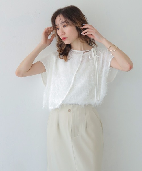 CLEIO(クレイオ)の「【CLEIO】フリンジジョーゼットレイヤード半袖ブラウス FRINGE GEORGETTE LAYERED BLOUSE/940-13604(Tシャツ/カットソー・レディース・ブラック/ホワイト・FREE)」の3枚目の写真
