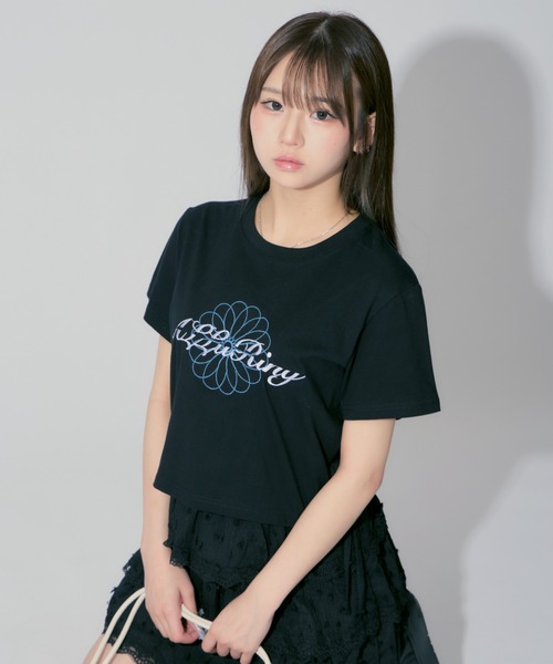 セール】Flower Short SS T-shirt / 花柄刺繍ショート丈ミニT（T