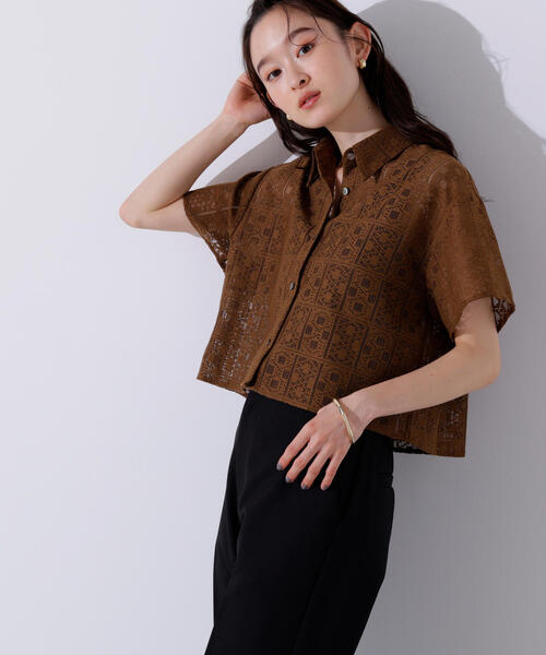 N.（N. Natural Beauty Basic）（エヌエヌナチュラルビューティーベーシック）の「クロップドレースシャツ（シャツ/ブラウス・レディース・オフホワイト/ブラック/ブラウン・MEDIUM）」の6枚目の写真