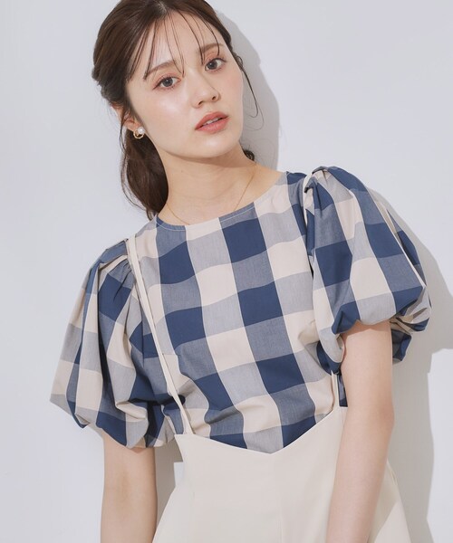 couture brooch（クチュールブローチ）の「【マシンウォッシャブル・二の腕カバー】ブロックチェックブラウス（シャツ/ブラウス・レディース・ブラック系1/ネイビー系1・42/36/38/40）」の2枚目の写真