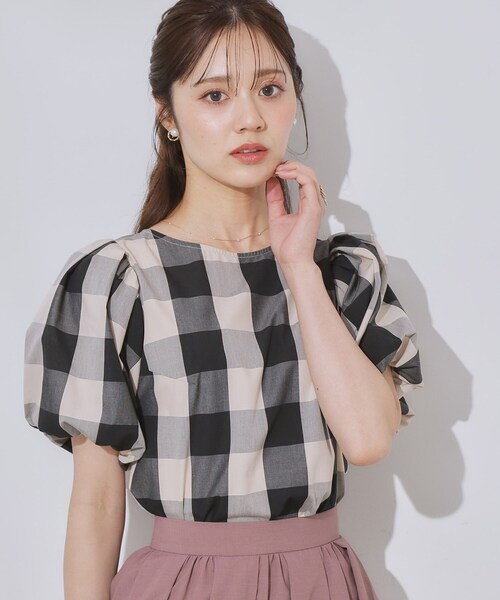 couture brooch（クチュールブローチ）の「【マシンウォッシャブル・二の腕カバー】ブロックチェックブラウス（シャツ/ブラウス・レディース・ブラック系1/ネイビー系1・42/36/38/40）」の6枚目の写真