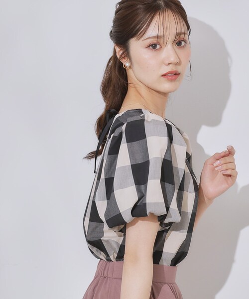 couture brooch（クチュールブローチ）の「【マシンウォッシャブル・二の腕カバー】ブロックチェックブラウス（シャツ/ブラウス・レディース・ブラック系1/ネイビー系1・42/36/38/40）」の7枚目の写真