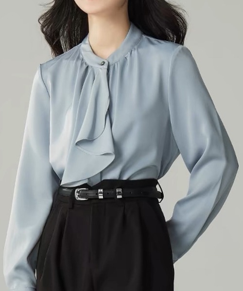 Beststore(ベストストア)の「スカーフタイブラウス シャツ ベーシックカラーシャツ(シャツ/ブラウス・レディース・ベージュ/ミント/ホワイト/ブラック/ライトピンク/ブルー・M/L)」の1枚目の写真