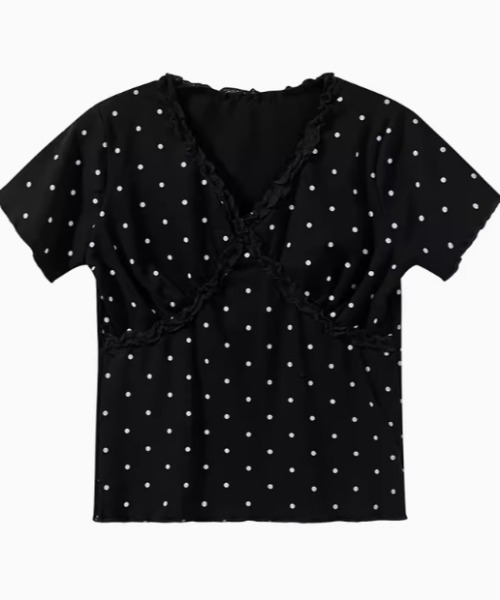 DIAVEL(ディアベル)の「Vネックドット柄フリルVネックトップス/半袖カットソー(Tシャツ/カットソー・レディース・グレー/ホワイト/ブラック・M)」の9枚目の写真