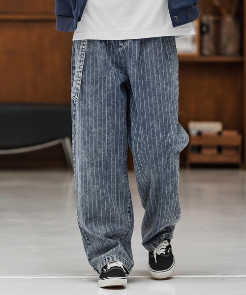 mp13866-Stripe Denim Two Tuck Wide Belted Pants ストライプ
