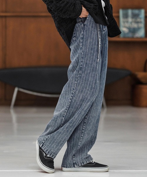 【着画あり】piko denim pants デニムパンツ mp13866-Stripe Denim Two Tuck Wide Belted Pants ストライプ