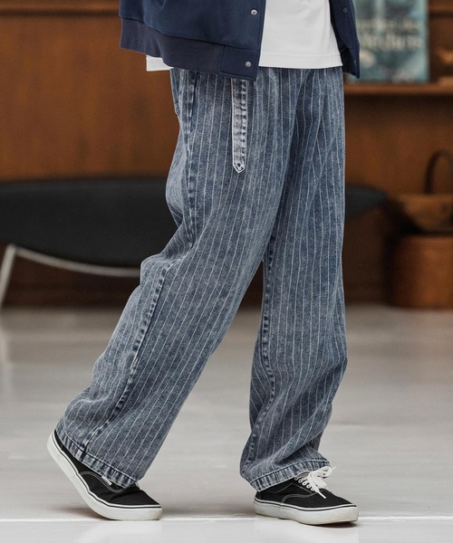 mp13866-Stripe Denim Two Tuck Wide Belted Pants ストライプ