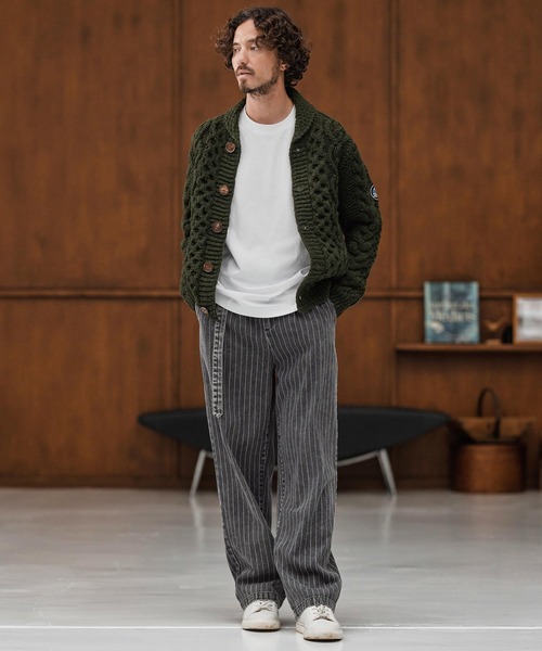 mp13866-Stripe Denim Two Tuck Wide Belted Pants ストライプ