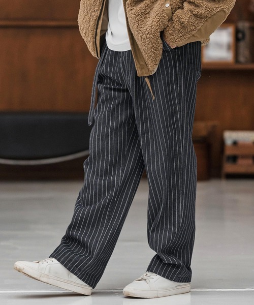 mp13866-Stripe Denim Two Tuck Wide Belted Pants ストライプ