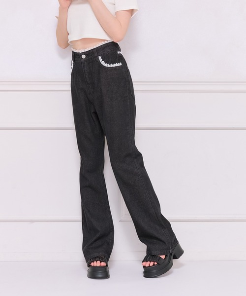 セール】バック刺繍レースフレアデニムパンツ（デニムパンツ）｜apres