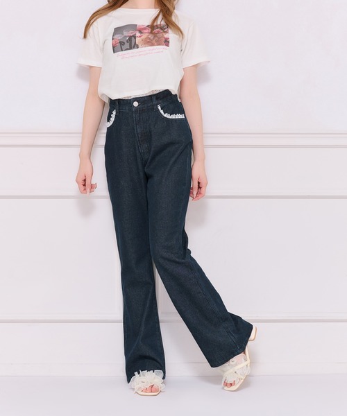 DimMoire ディムモアール 刺繍ロゴ フリンジ バックル フレアデニム M DimMoire ディムモアール 刺繍ロゴ フリンジ バックル フレアデニム M