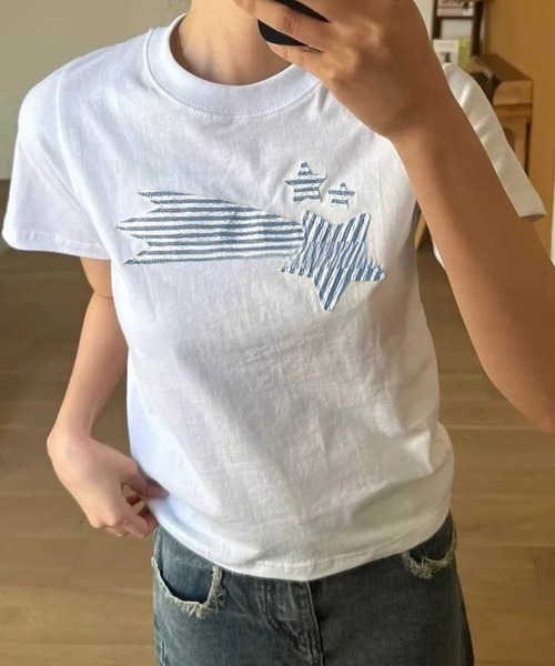 HALEY PESCA(ヘーリーペスカ)の「HALEY PESCA/Shooting Star パッチワークTシャツ(Tシャツ/カットソー・レディース・ネイビー/ホワイト・MEDIUM/SMALL)」の2枚目の写真
